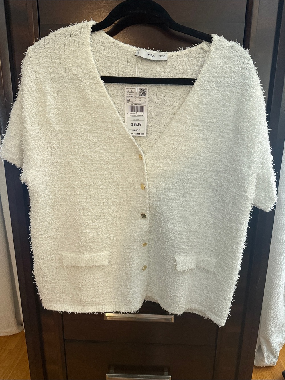 Mango White Short-Sleeve V-Neck Button Sweater